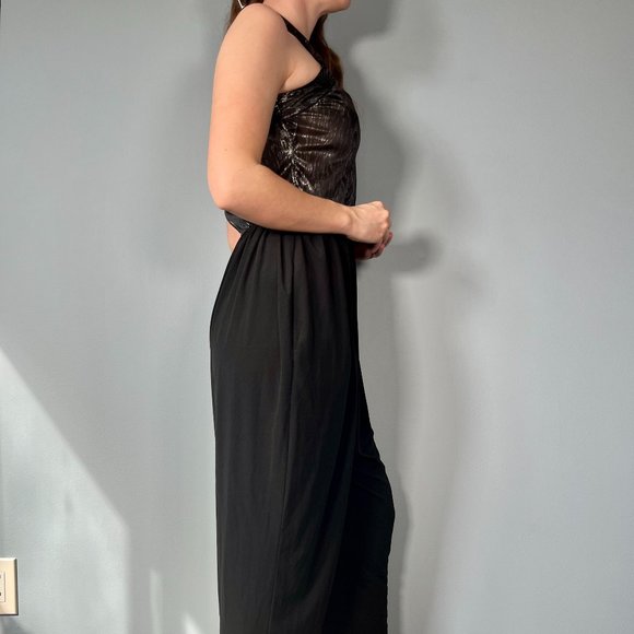 Vintage 80s Jumpsuit, 1980s Black Metallic Halter Parachute Pant One Piece - Picture 6 of 9